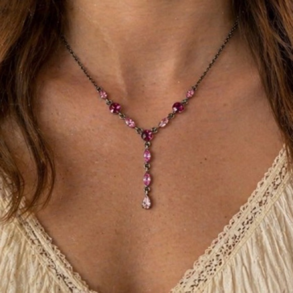 Vintage Y2K Pink Crystal Y Necklace Drop Rhinestone Silver Tone 14”+ 4”